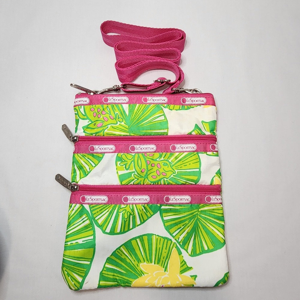 LeSportsac Triple Zip Crossbody Bag Tropical Frog Lily Pad Green Pink Nylon 9x7